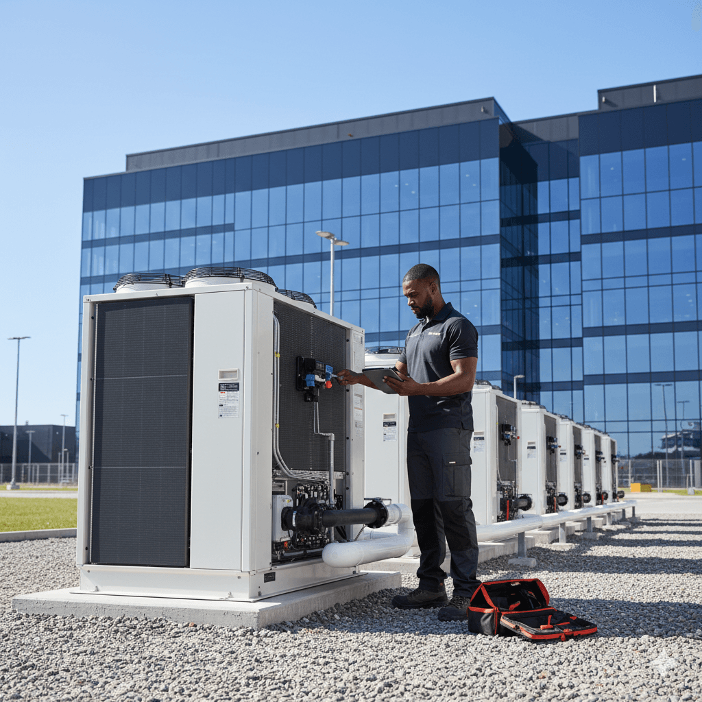 Engineer maintaining commercial rooftop HVAC units