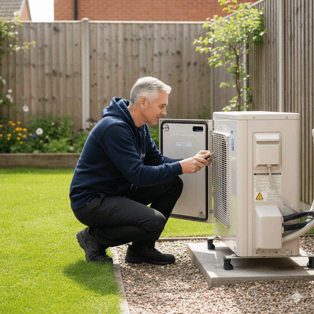Engineer servicing a residential heat pump outdoor unit